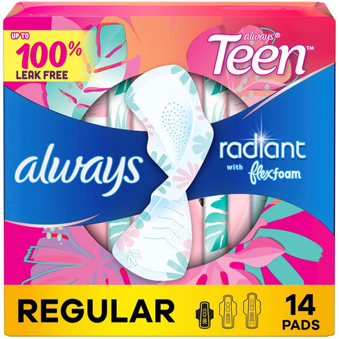 Always Radiant Teen Pads, Regular Size 1, Unscented, with Wings, 14 Count