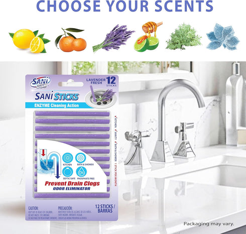 SANI 360° Sani Sticks Drain Cleaner and Deodorizer, 48 Count, Lavender Scent, Safe for Sinks and Septic Tanks