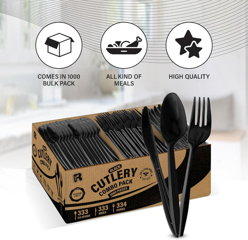 1000 Pcs Black Plastic Utensils Set, Disposable Forks, Spoons, Knives for 25 Guests, Packaging May Vary