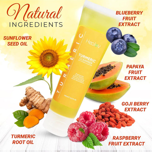 Turmeric Face Wash - 100% Natural Anti Aging Exfoliating Liquid Soap for Spots, Acne Scars, Sun Damage, Discoloration