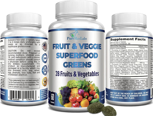 Superfood Greens - 28 Fruits and Vegetables, Natural Antioxidants - 60 Tablets with Alfalfa, Spirulina, Beet Root