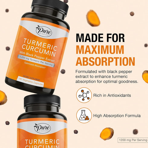 Pure By Nature Turmeric Curcumin with Black Pepper Extract - 1200 mg Capsules, 180 Count