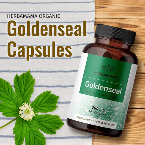 HERBAMAMA Goldenseal Root Capsules - Organic Herb Powder for Respiratory & Digestive Health, 100 Capsules