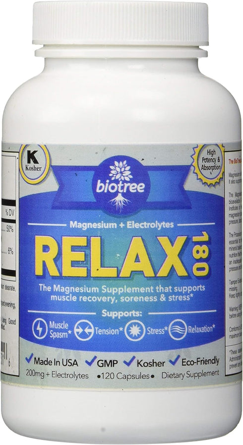 BioTree Labs Relax 180 - Pack of 120, Magnesium & Potassium Supplement with Electrolytes, Supports Muscle Pain