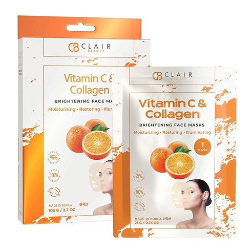 Vitamin C and Collagen Sheet Face Mask - Diminishes Fine Lines, Lifts & Hydrates Skin, Cruelty Free Korean Care