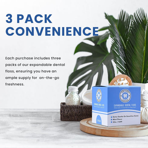 Expandable Dental Floss 3 Pack, Plastic-Free Dispenser with 50 Meter / 164 Feet per Pack, Mint Flavor