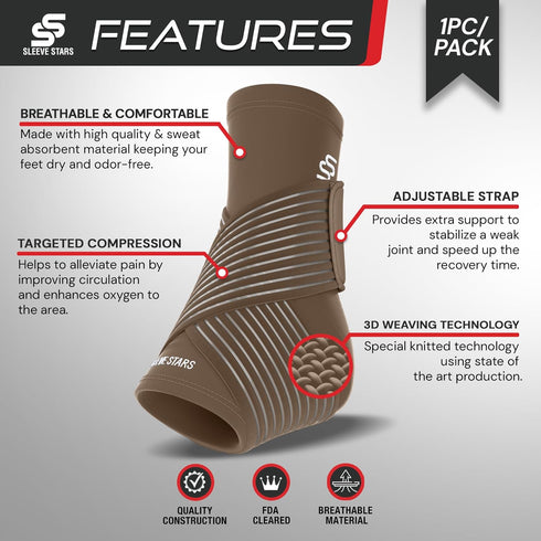 Sleeve Stars Ankle Support for Ligament Damage & Sprained Ankle - Pain Relief Brace for Women & Men (Single/Mocha Brown)