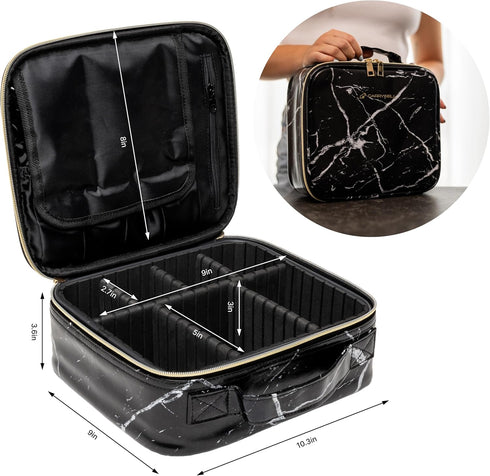 Makeup Train Case, Travel Cosmetic Organizer Bag with Adjustable Dividers for Brushes and Toiletries (1, Marble, Small)