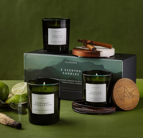 Set 3 (5.6oz) of Three Scented Candles for Men | Masculine scents of Bergamot & Sandalwood. Leather & Mahogany, Tobacco