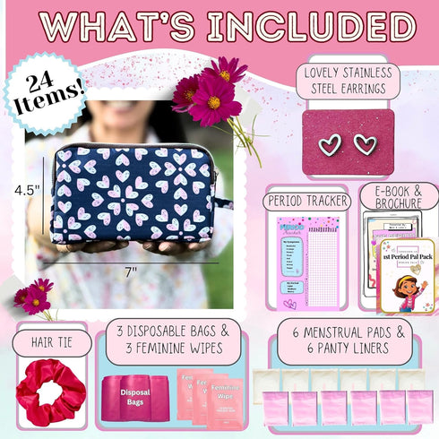 Pack 24 10-12 Mark and Lola's First Period Pal to-Go Kit | pcs | First Period Kit for Tweens | Teen Period Kit|