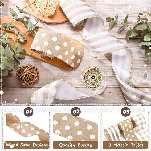 3 Rolls Burlap Wired Ribbons, 2.5 Inch x 15 Yards, Plaid Wrapping, Striped Gingham for DIY Crafts, Home Decoration