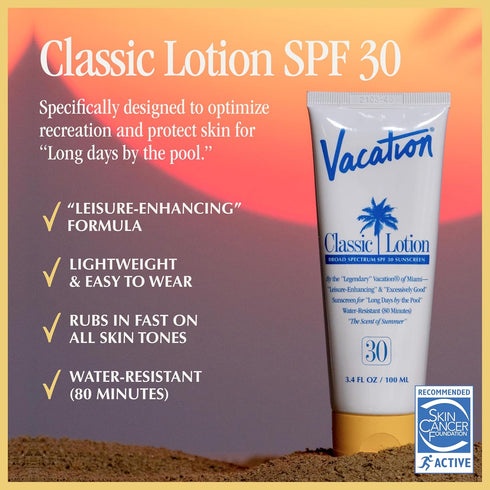 Vacation Classic Sunscreen Lotion SPF 30 + Air Freshener Bundle, Water Resistant, Vegan, 3.4 Fl. Oz.