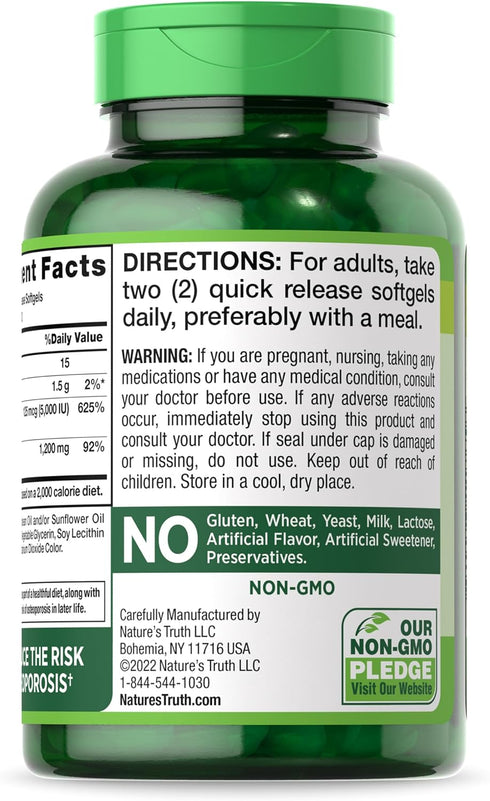Nature's Truth Calcium 1200 mg with Vitamin D3 5000 IU | 60 Softgels, Non-GMO & Gluten Free