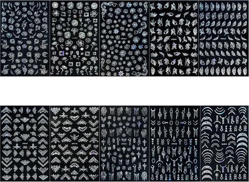 10 Sheets Flower Nail Stickers, Silver Nail Decals 3D Self-Adhesive Leaf Nail Art Stickers for Women Manicure