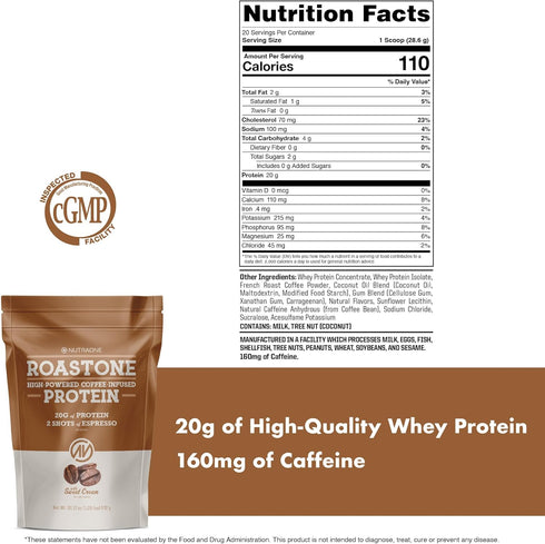 NutraOne RoastOne Coffee Protein Powder, Coffee Infused Whey Protein Powder for Energy & Focus, 160mg Caffeine and 20g
