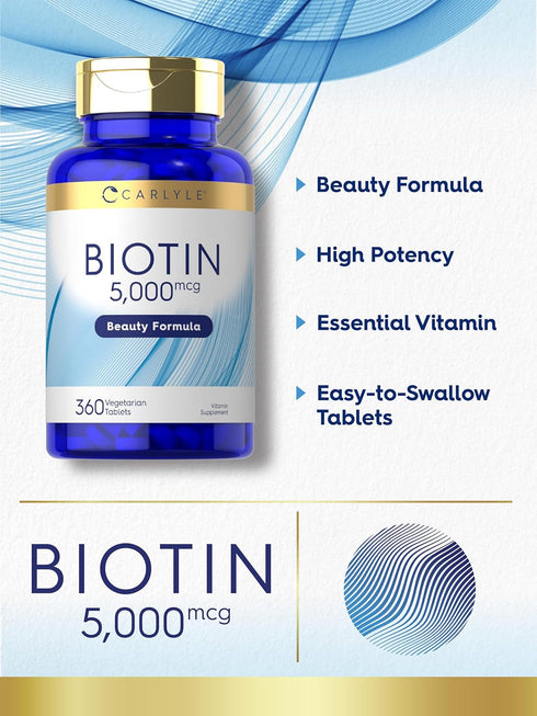 Carlyle Biotin 5000mcg | 360 Vegetarian Tablets | Non-GMO, Gluten Free Beauty Formula Supplement