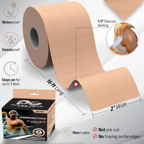 Physix Gear Cotton Kinesiology Tape Roll 16ft, Latex-Free, Waterproof, Gentle on Skin