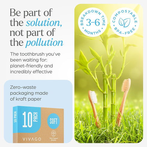 Bamboo Toothbrushes 10 Pack, Eco-Friendly, Biodegradable & Compostable Natural Wooden Toothbrush
