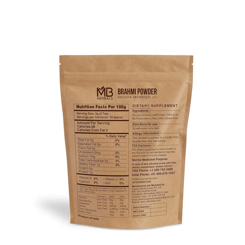 MB Herbals Pure Brahmi Powder 100g | 3.5 oz | 100% Pure Bacopa monnieri Powder | Promotes Hair Growth