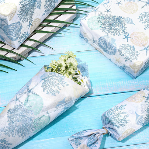 Whaline 100 Sheets Ocean Tissue Paper, Sea Shell Starfish Gift Wrapping Paper for Summer Wedding and Baby Shower