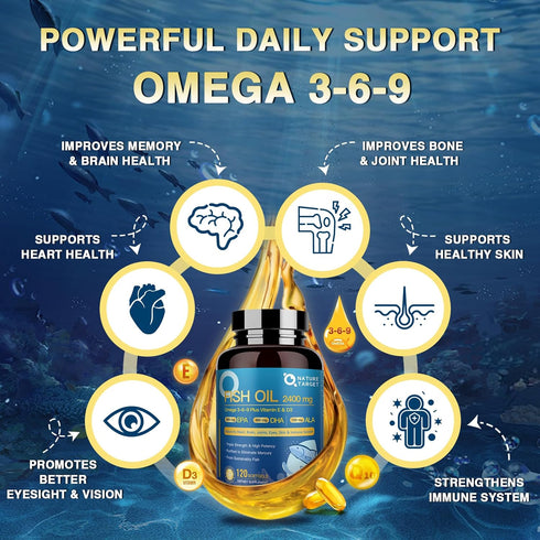 Triple Omega 3 6 9 Fish Oil Softgels - 2400mg with Vitamin D3 & E for Heart, Brain, Joint & Immune Health