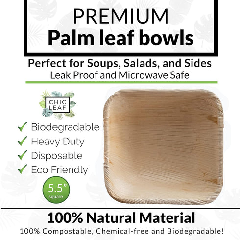 Chic Leaf Palm Leaf Bowls, 5.5 Inch 16oz Disposable Square Bowls, 100% Compostable for Weddings & Catering