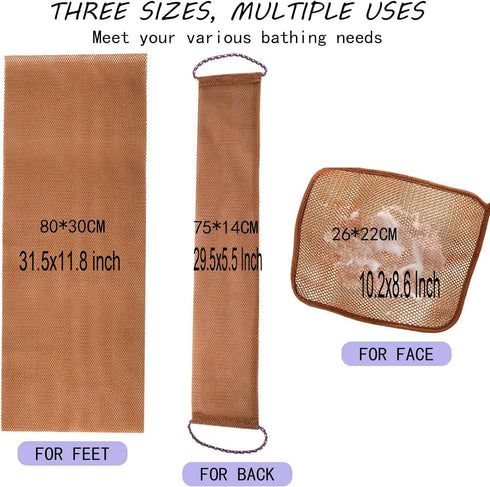3 Pcs African Exfoliating Net Sponge, Washcloth Scrubber Shower Essentials African net Bath Sponges Bathing Shower Cloth Kit for Back, Body, Face- Brown