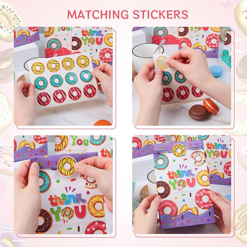 VGOODALL 24PCS Donut Party Favor Bags, Paper Gift Bags with Stickers for Kids Birthday Party Goodie Bags