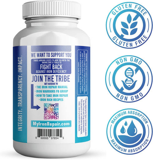 Iron Repair Simply Natural Iron Supplement - Best Absorption for Women, Men, Teens & Pregnancy - 90 Gelatin Capsules