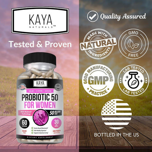 Kaya Naturals Probiotic 50 Billion CFU | 60 Vegetable Capsules for Women, Men, Gut Health & Immune Support