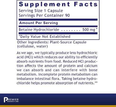Premier Research Labs Premier HCL - Betaine HCL, Betaine Hydrochloride Supplement for Optimal Digestive Function, Nutrient Absorption, Betaine-HCL for Low Stomach Acid- 90 Vegetarian Capsules