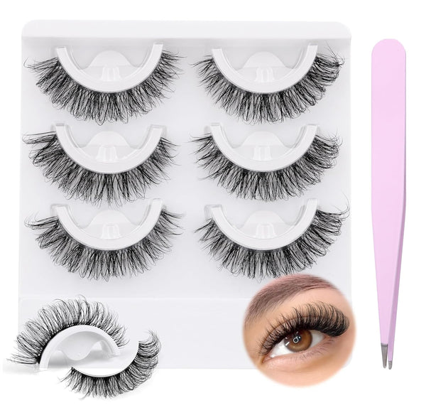 wiwoseo False Eyelashes - Self-Adhesive Natural Wispy Fluffy 16MM Faux Mink Lashes, Reusable