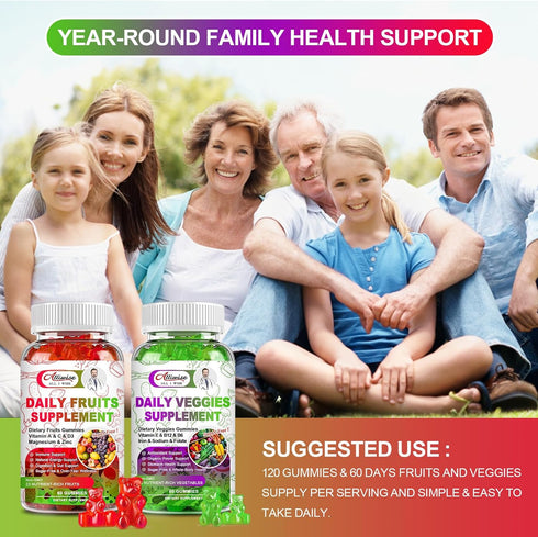 Sugar-Free Fruits and Veggies Gummies Supplement - Multi-Vitamins & Minerals, Immunity & Energy Support