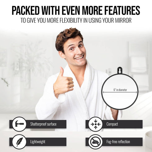 MIRRORVANA Small Shower Mirror for Shaving, 3 Attachment Options, Portable, Shatterproof, Bonus Anti-Fog Spray