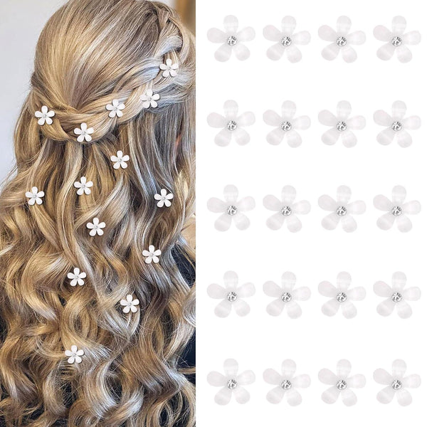 YISSION 20Pcs Mini White Rhinestone Flower Hair Clips, Decorative Hair Barrettes and Pins for Girls Women Bridal