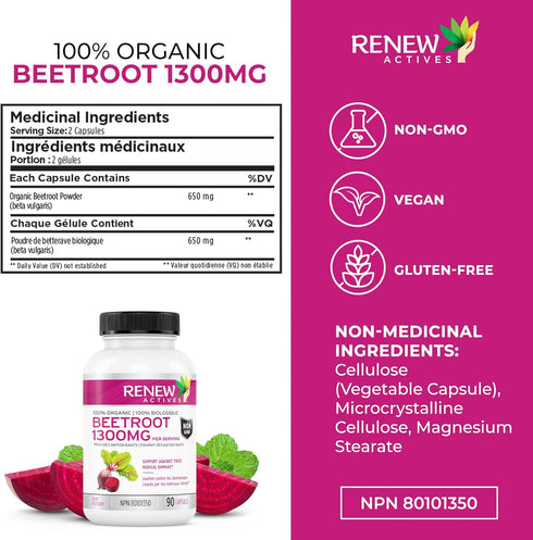 Renew Actives Organic Beetroot Supplement - 1300mg Extract for High Antioxidant Levels, 90 Veggie Capsules