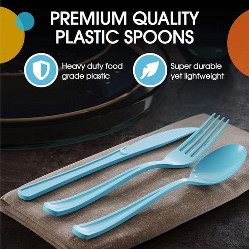 50 Pcs Heavy Duty Light Blue Disposable Plastic Spoons, Light Blue Plastic Cutlery
