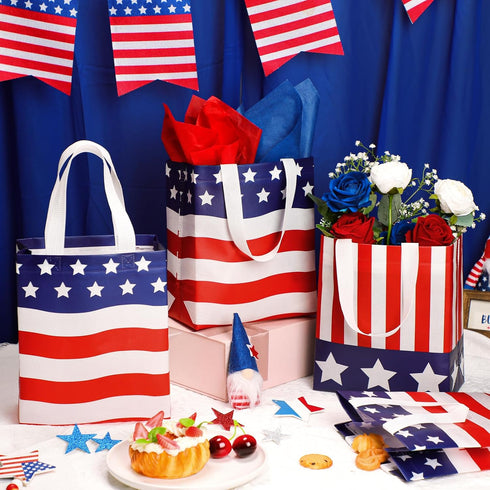 Locmeo 24 4th 8 4 10 Inch Pcs of July Patriotic Party Favor Bags with Handles Reusable Non Woven American Flag Goodie