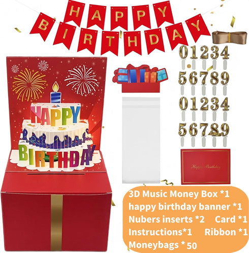 JINSTABAG 3D Birthday Money Box for Cash Gift, Money Pull Box with Music Light Cake and DIY Number Placard for Any Age
