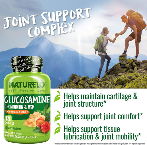 NATURELO Glucosamine Chondroitin MSM with Boswellia & Vitamin C - Joint Support Supplement, 120 Capsules
