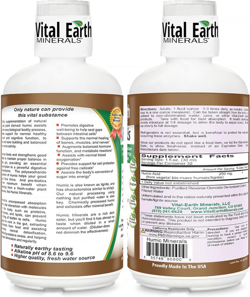 Vital Earth Minerals Humic Minerals – Fulvic Acid Supplement with 70+ Trace Minerals, 32 Oz + 1 Oz Cup