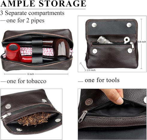FIREDOG Genuine Leather Smoking Tobacco Pipe Pouch - Case Bag for 2 Pipes, Tamper Tool, Brown
