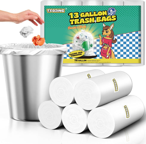 13 Gallon Tall Kitchen Trash Bags, 110 Count Clear Plastic Garbage Bags, Unscented for Home and Office