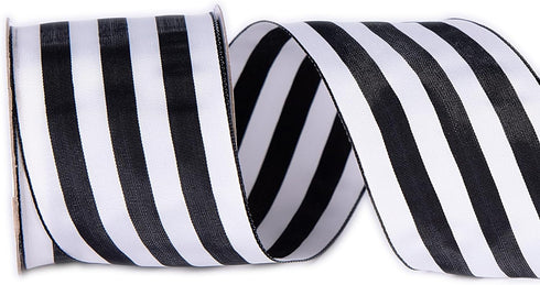 2.5 Inch Wide Wired Gift Wrapping Ribbon, 10 Yards, Black White Stripe for Crafts, Christmas Tree Decor