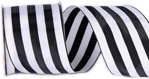 2.5 Inch Wide Wired Gift Wrapping Ribbon, 10 Yards, Black White Stripe for Crafts, Christmas Tree Decor