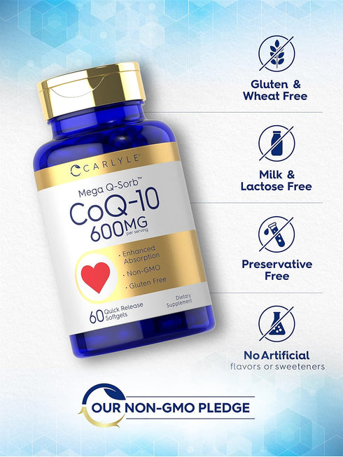 Carlyle CoQ10 600 mg | Mega Q-Sorb Coenzyme Q-10 | 60 Softgels | Non-GMO, Gluten Free with Black Pepper Extract