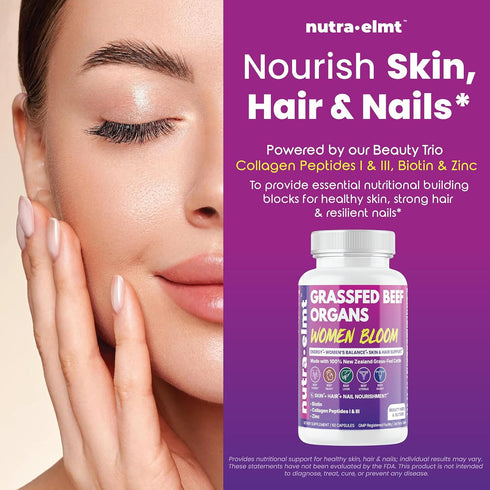 NUTRA ELMT 5 60 Beef Organ Supplement for Women (Made in USA) Enhanced w Biotin, Collagen Peptides & Zinc - Organ Blend