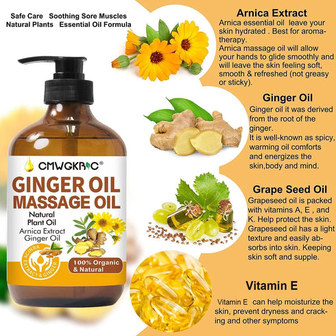 Ginger Oil, Natural Body Oil for Skin, Massage Oil for Lymphatic Drainage, Warming and Relaxing for Gifts