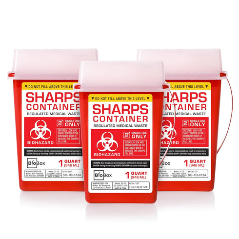 Sharps Container Small, Portable Needle Disposal and Travel Size Biohazard Bin, 1 Quart (Pack of 3)