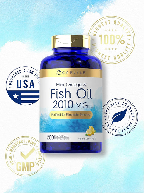 Carlyle Mini Fish Oil Softgels, 2010 mg, 200 Omega-3 Pills, Non-GMO & Gluten Free Supplement